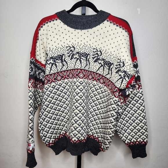 Vintage Nordstrikk 100% Wool Norwegian Fair Isle Reindeer Motif Sweater Size L - Picture 3 of 12